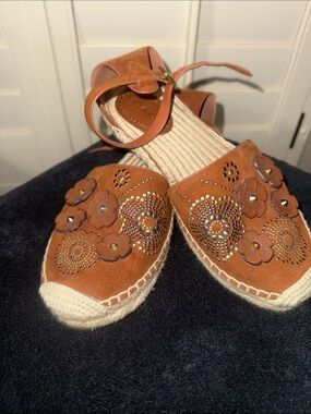 Coach Brown Floral Suede Espadrille Wedge Sandals